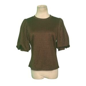 IRIS brown plaid puff short sleeves top size Medium